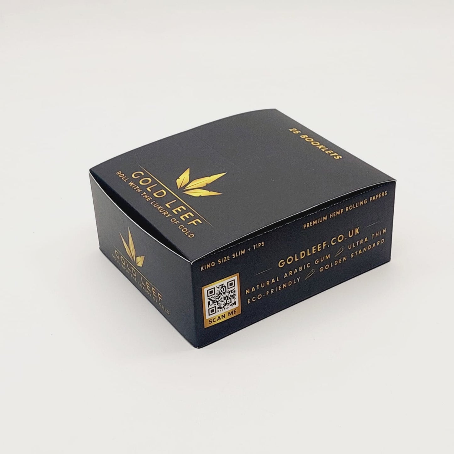 Premium box of 25 Gold Leef hemp rolling papers with magnetic button-close packaging. Ultra-thin, natural, and eco-friendly for a clean, smooth roll.