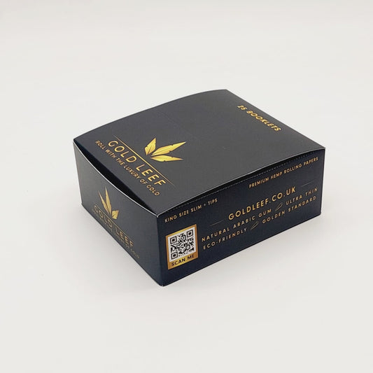 Premium box of 25 Gold Leef hemp rolling papers with magnetic button-close packaging. Ultra-thin, natural, and eco-friendly for a clean, smooth roll.